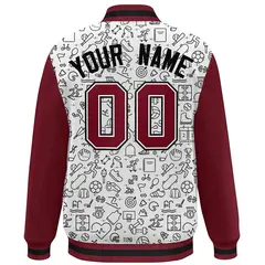 White Crimson-Black Line Graffiti Raglan Varsity Letterman Jacket 4