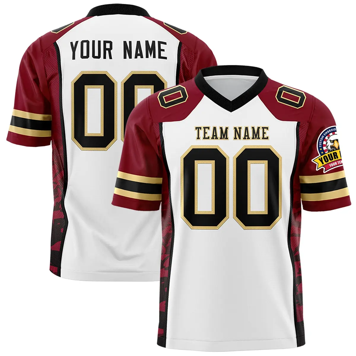 White Crimson Black Raglan Side Pattern Football Jersey