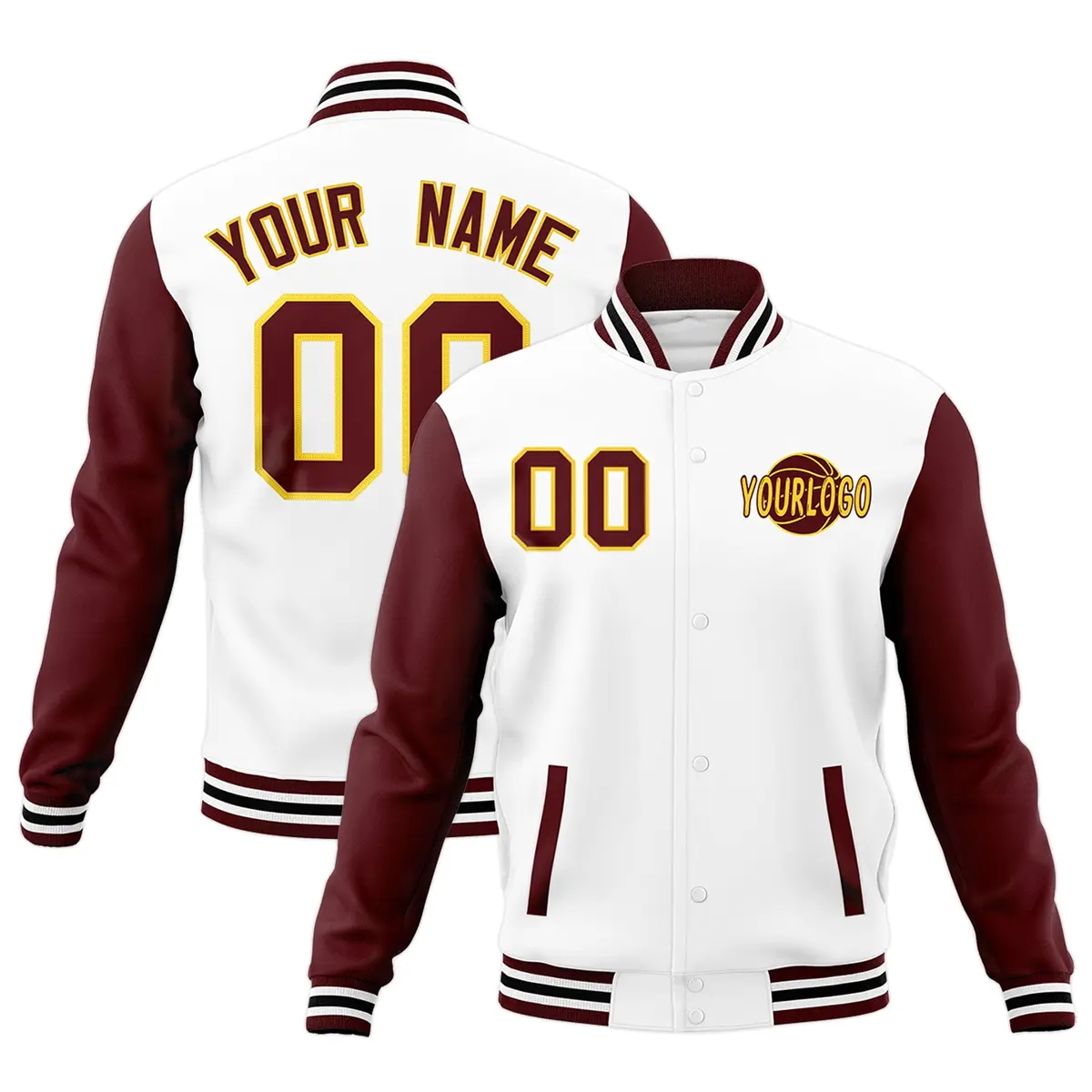White Crimson Black Raglan Sleeve Cotton Letterman Jacket