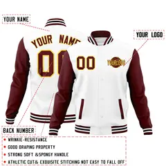 White Crimson Black Raglan Sleeve Cotton Letterman Jacket 2