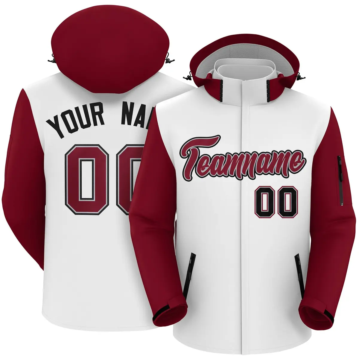 White Crimson-Black Raglan Sleeves Waterproof Jacket