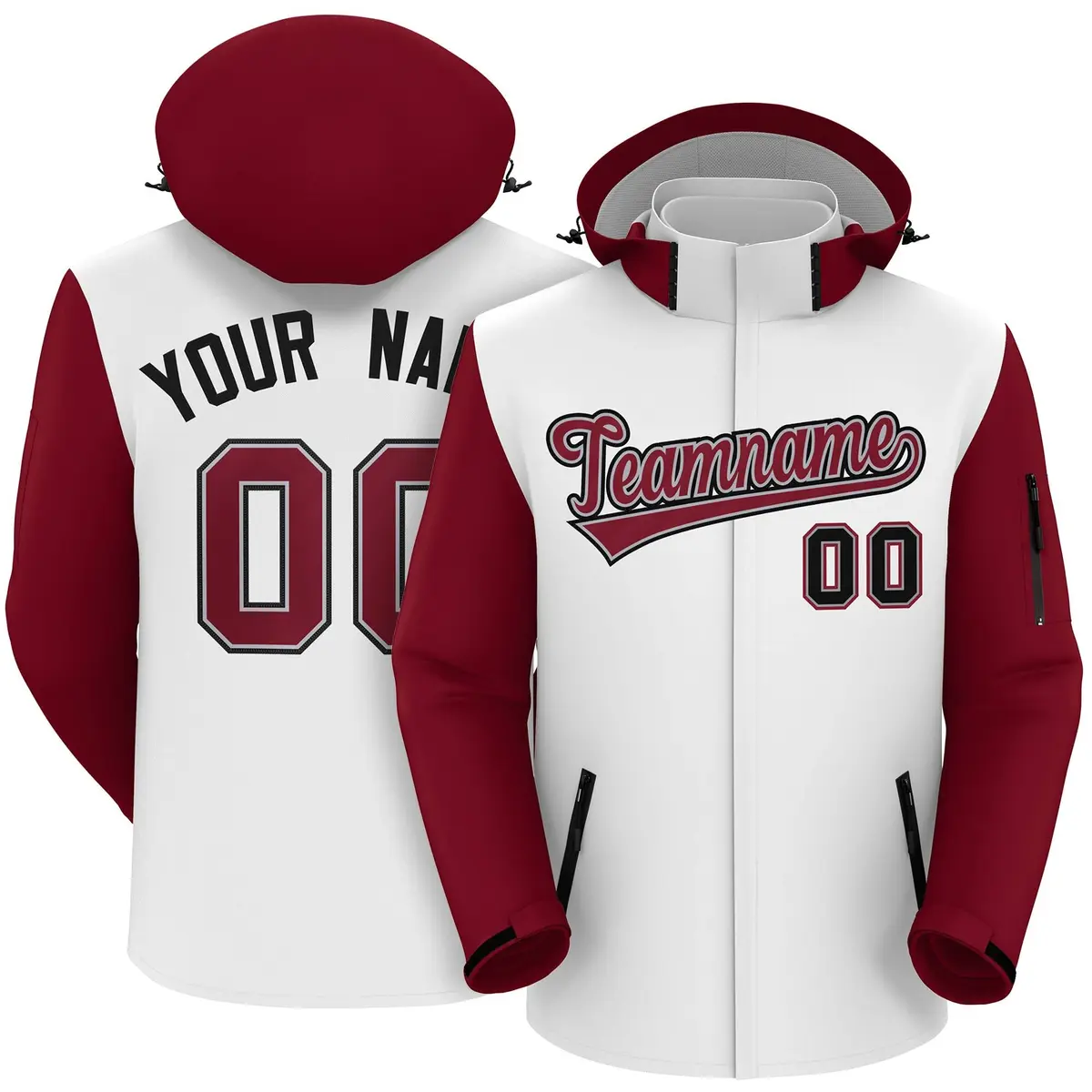 White Crimson-Black Raglan Sleeves Waterproof Jacket
