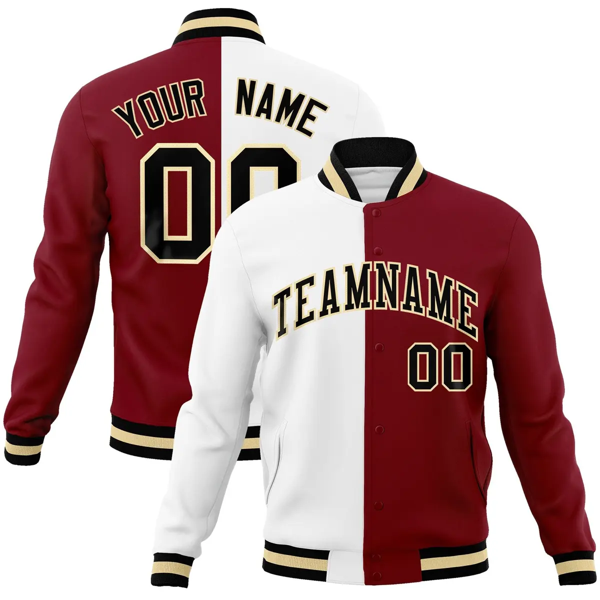 White Crimson-Black Two Tone Split Varsity Letterman Jacket