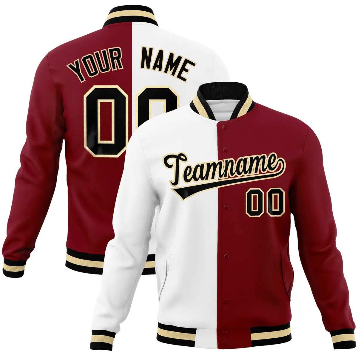 White Crimson-Black Two Tone Split Varsity Letterman Jacket