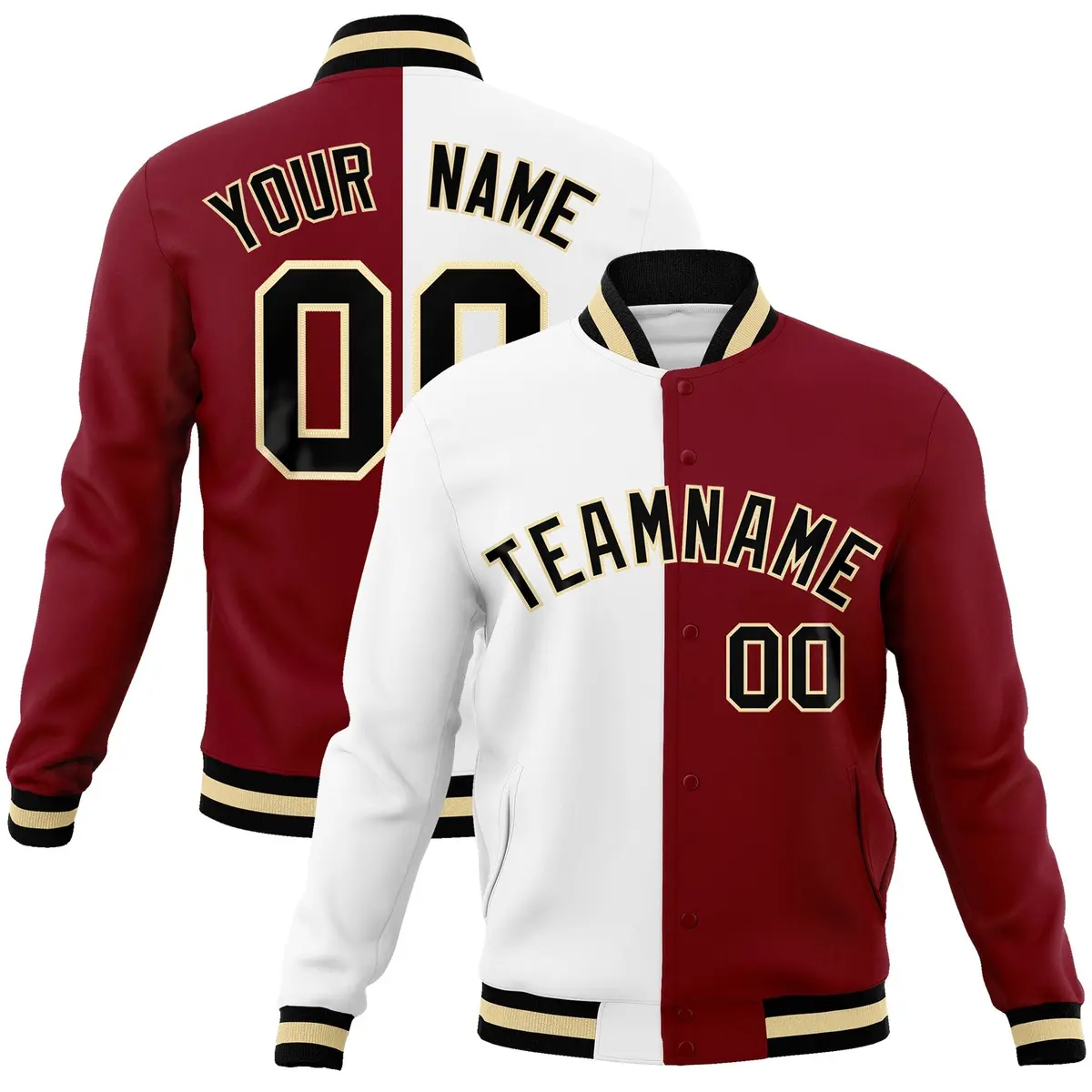 White Crimson-Black Two Tone Split Varsity Letterman Jacket