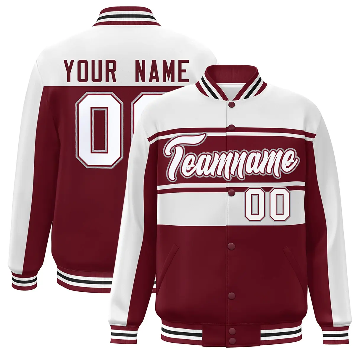 White Crimson Color Block Varsity Full-Snap Bomber Jacket