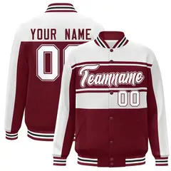 White Crimson Color Block Varsity Full-Snap Bomber Jacket