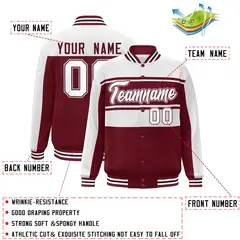 White Crimson Color Block Varsity Full-Snap Bomber Jacket 2