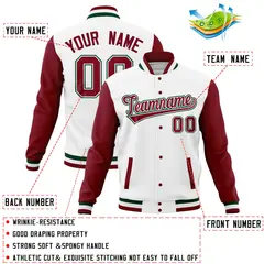 White Crimson Full-Snap Raglan Letterman Baseball Jacket 4