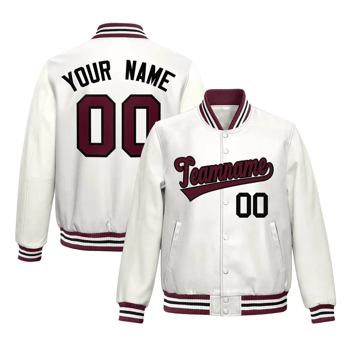 White Crimson Full-Snap Varsity Faux Leather Letterman Jacket