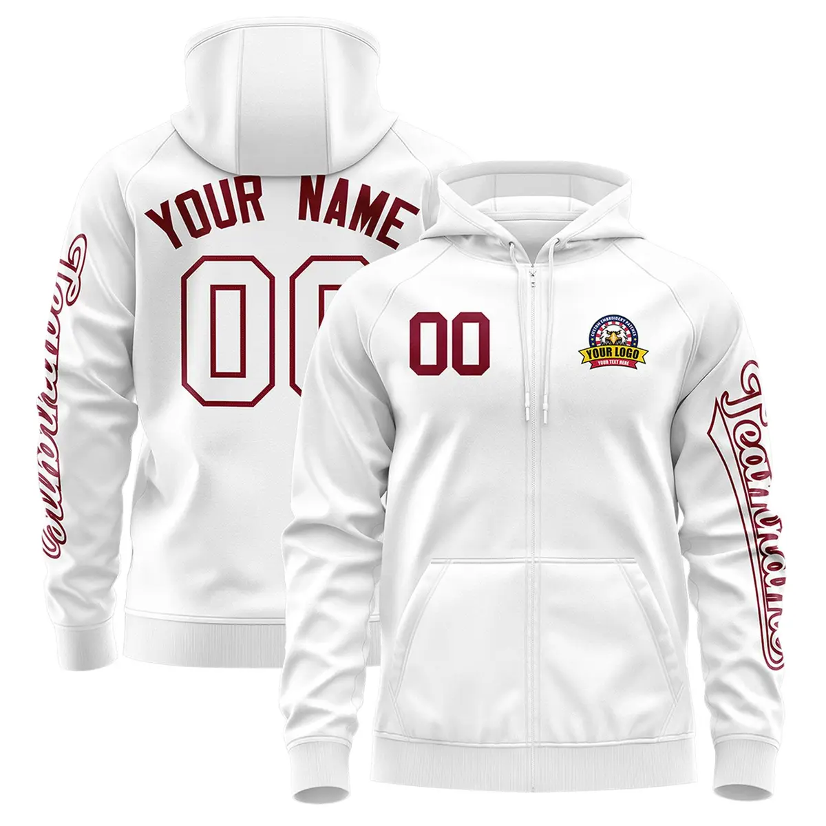 White Crimson Full-Zip Varsity Letterman Jacket Hoodie