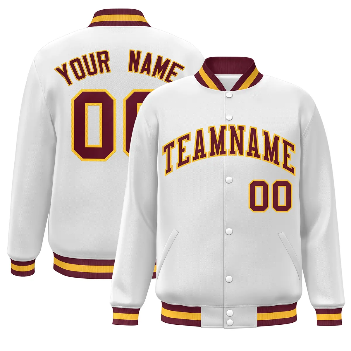 White Crimson-Gold Varsity Full-Snap Letterman Jacket