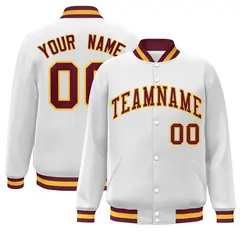 White Crimson-Gold Varsity Full-Snap Letterman Jacket