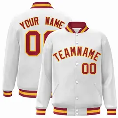 White Crimson-Gold Varsity Full-Snap Letterman Jacket