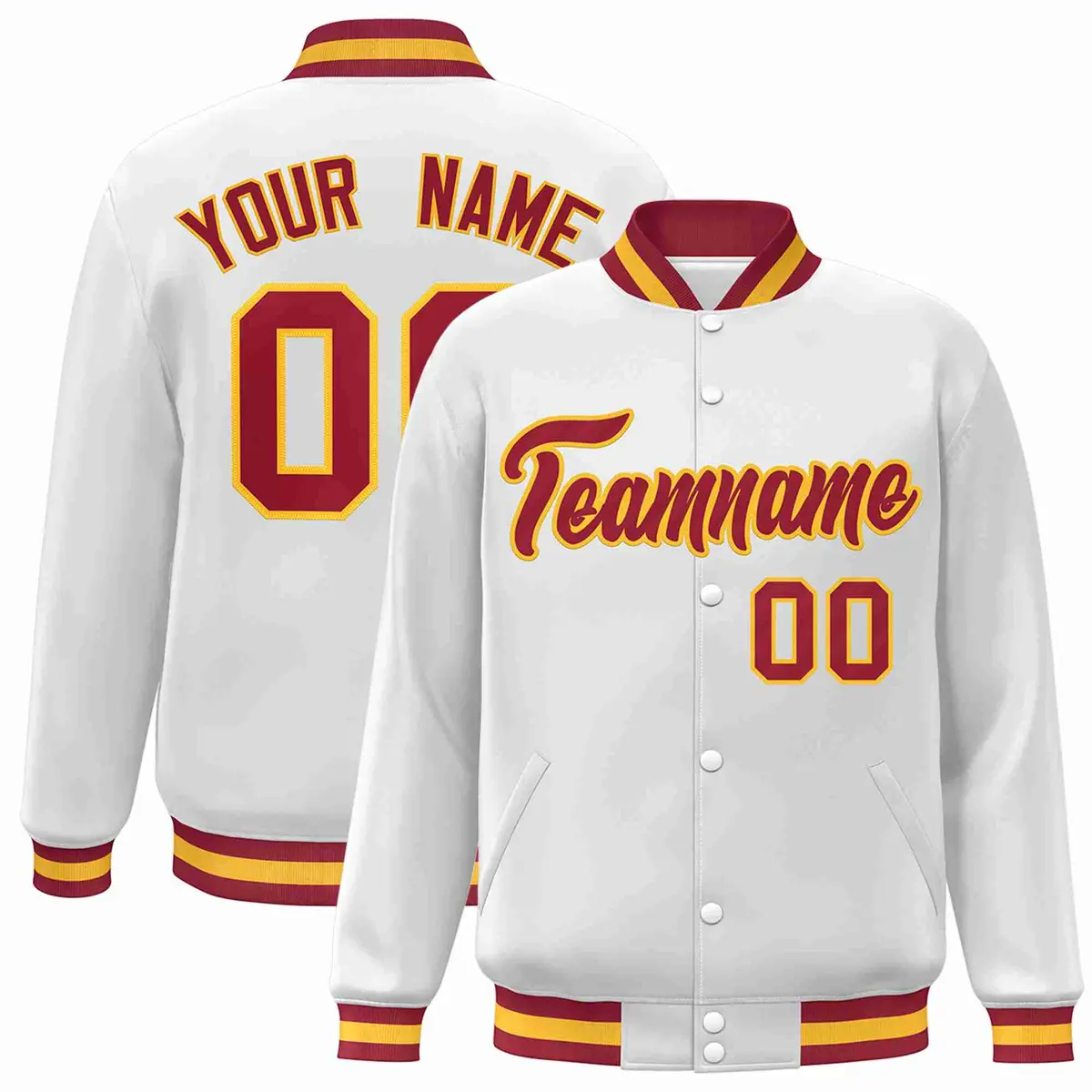 White Crimson-Gold Varsity Full-Snap Letterman Jacket