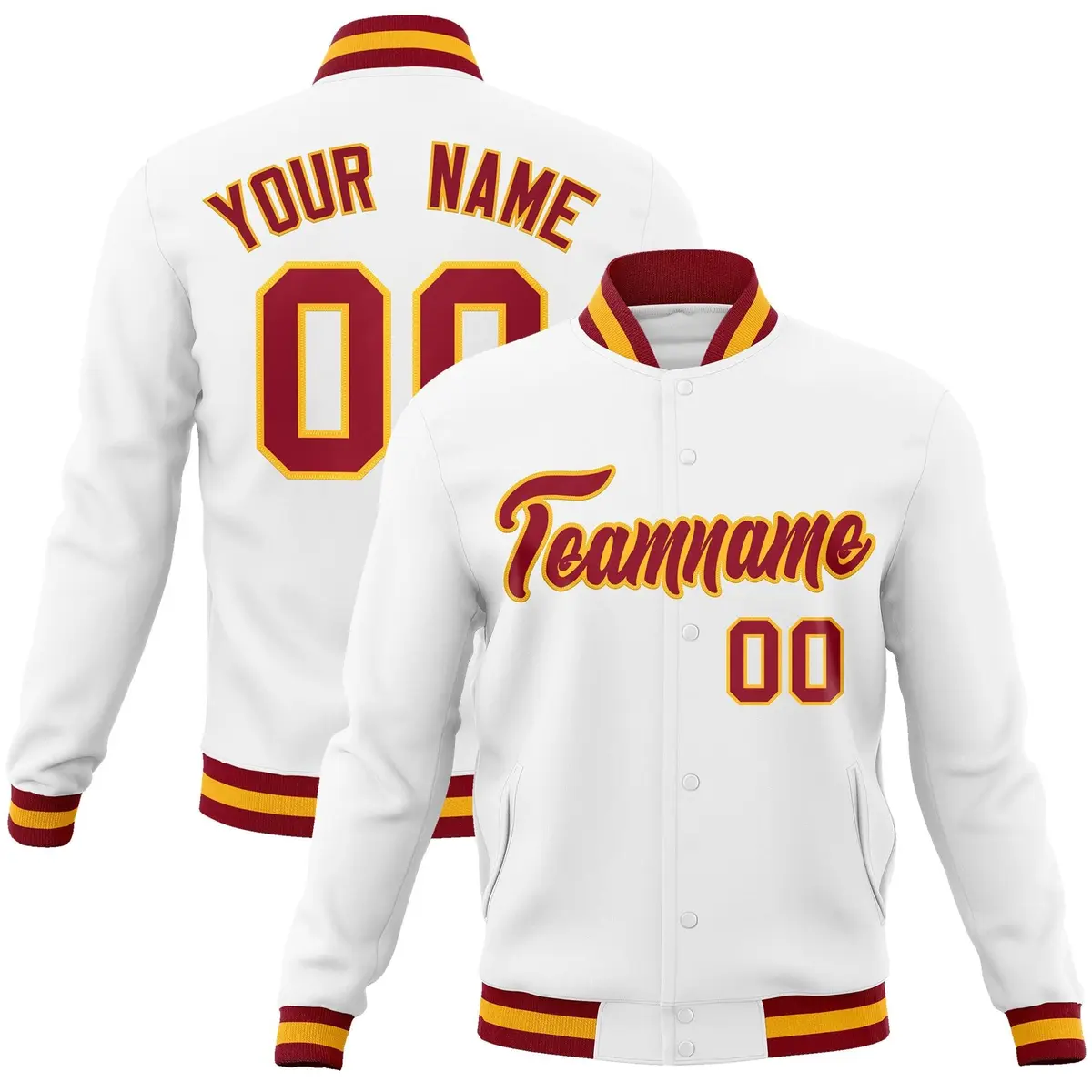 White Crimson-Gold Varsity Full-Snap Letterman Jacket