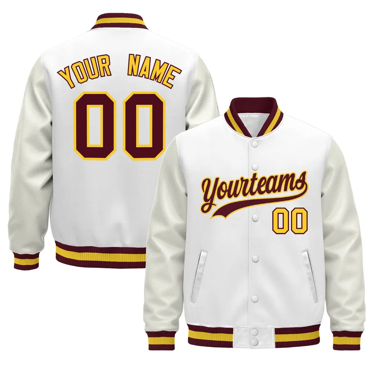 White Crimson Gold Varsity Jacket with Faux Leather Sleeves