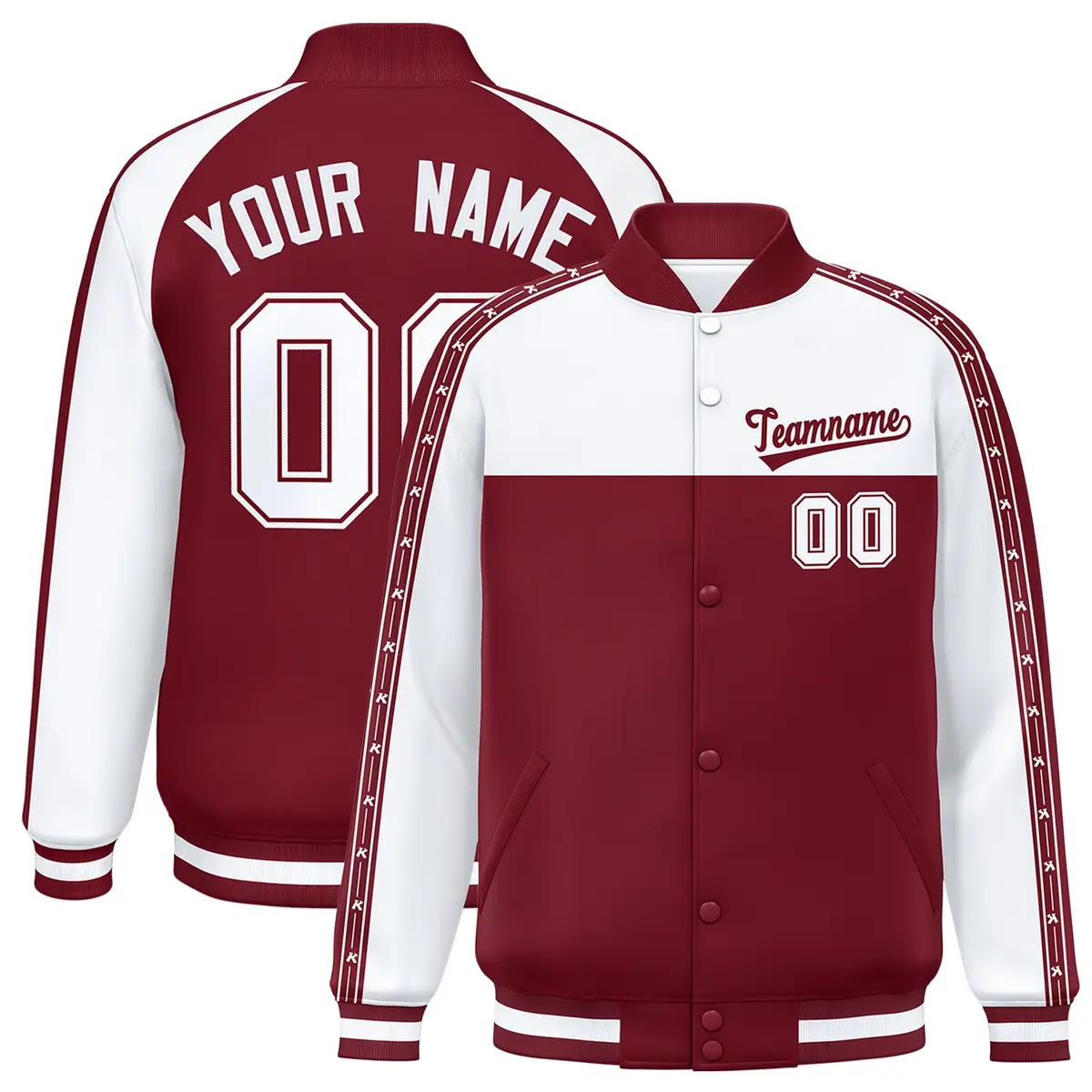 White Crimson K-Ribbon Raglan Color Block Full-Snap Letterman Jacket