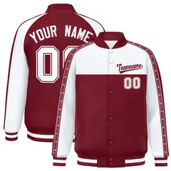 White Crimson K-Ribbon Raglan Color Block Full-Snap Letterman Jacket