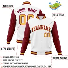 White Crimson-Khaki Raglan Varsity Full-Snap Letterman Jacket 4