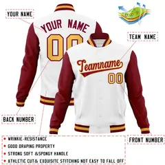 White Crimson-Khaki Raglan Varsity Full-Snap Letterman Jacket 4