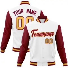 White Crimson-Khaki Raglan Varsity Full-Snap Letterman Jacket