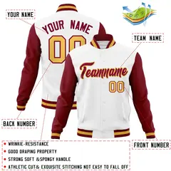 White Crimson-Khaki Raglan Varsity Full-Snap Letterman Jacket 4