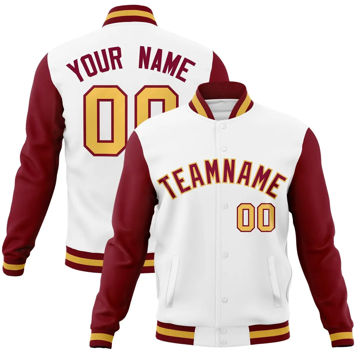 White Crimson-Khaki Raglan Varsity Full-Snap Letterman Jacket