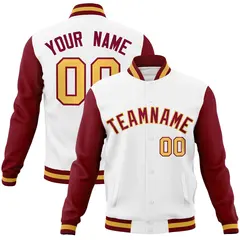 White Crimson-Khaki Raglan Varsity Full-Snap Letterman Jacket