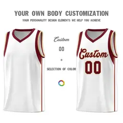 White Crimson-Khaki Sleeve Color Blocking Basketball Jersey 3