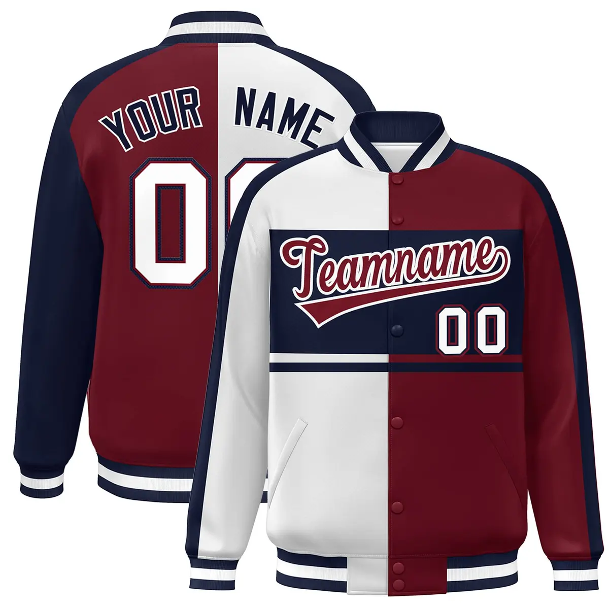 White Crimson-Navy Color Block Varsity Full-Snap Bomber Baseball Jacket