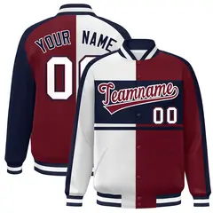 White Crimson-Navy Color Block Varsity Full-Snap Bomber Baseball Jacket