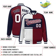 White Crimson-Navy Color Block Varsity Full-Snap Bomber Baseball Jacket 2