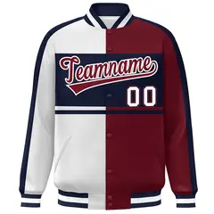 White Crimson-Navy Color Block Varsity Full-Snap Bomber Baseball Jacket 3
