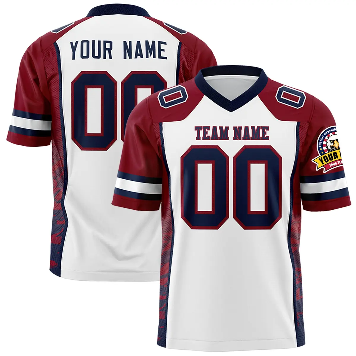 White Crimson-Navy Raglan Side Pattern Football Jersey