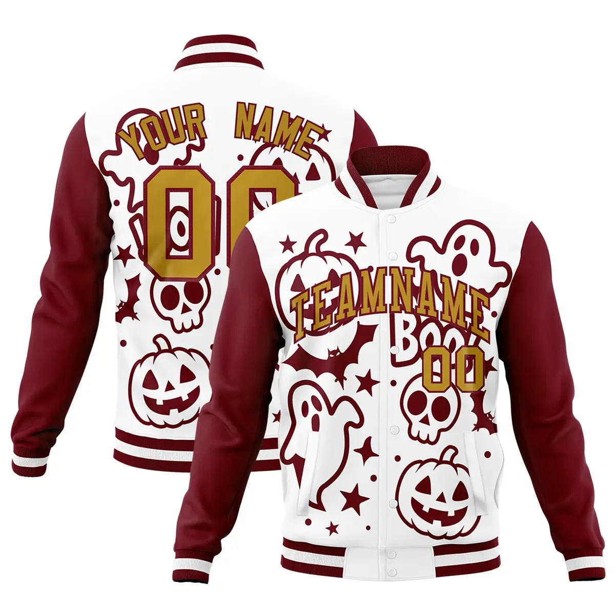 White Crimson Old Gold Halloween Bats Pumpkins Ghost Letterman Jacket