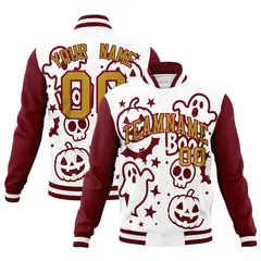 White Crimson Old Gold Halloween Bats Pumpkins Ghost Letterman Jacket