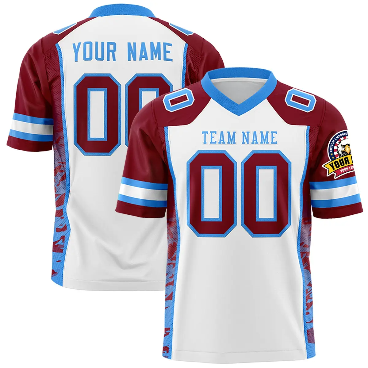 White Crimson-Powder Blue Raglan Side Pattern Football Jersey