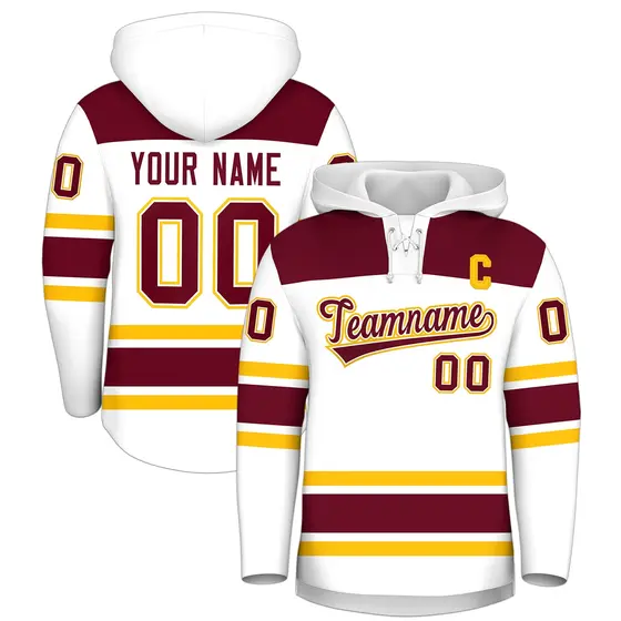 White Crimson Raglan Lace-Up Neck Hockey Hoodie Jersey