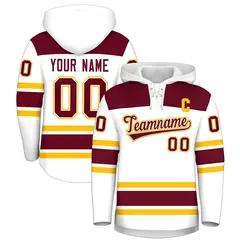 White Crimson Raglan Lace-Up Neck Hockey Hoodie Jersey 1