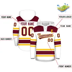 White Crimson Raglan Lace-Up Neck Hockey Hoodie Jersey 2