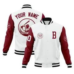 White Crimson Raglan Sleeves Full-Snap Varsity Letterman Baseball Jacket 1