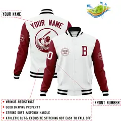 White Crimson Raglan Sleeves Full-Snap Varsity Letterman Baseball Jacket 4