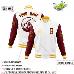 White Crimson Raglan Sleeves Full-Snap Varsity Letterman Baseball Jacket 4