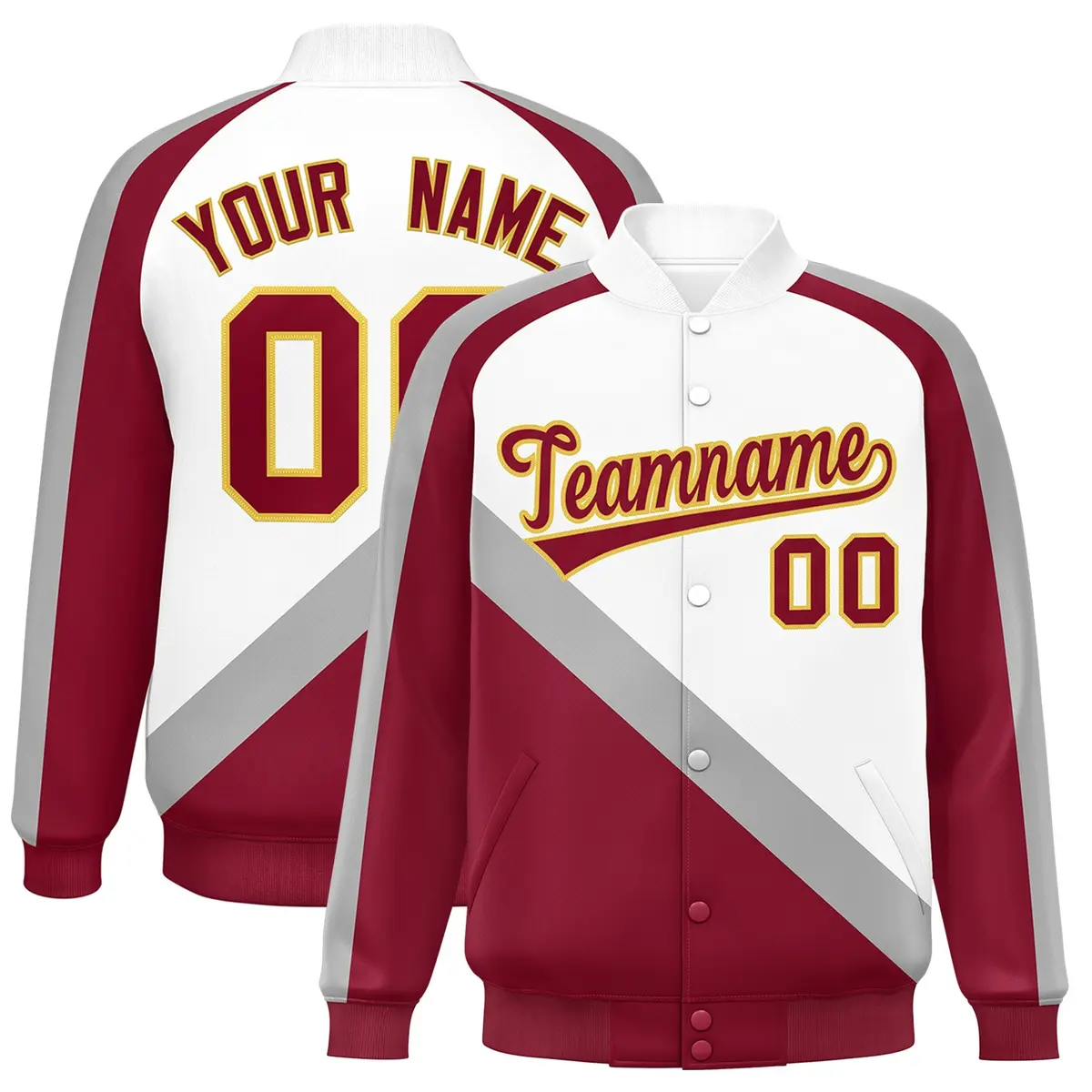 White Crimson Raglan Varsity Full-Snap Letterman Baseball Jacket