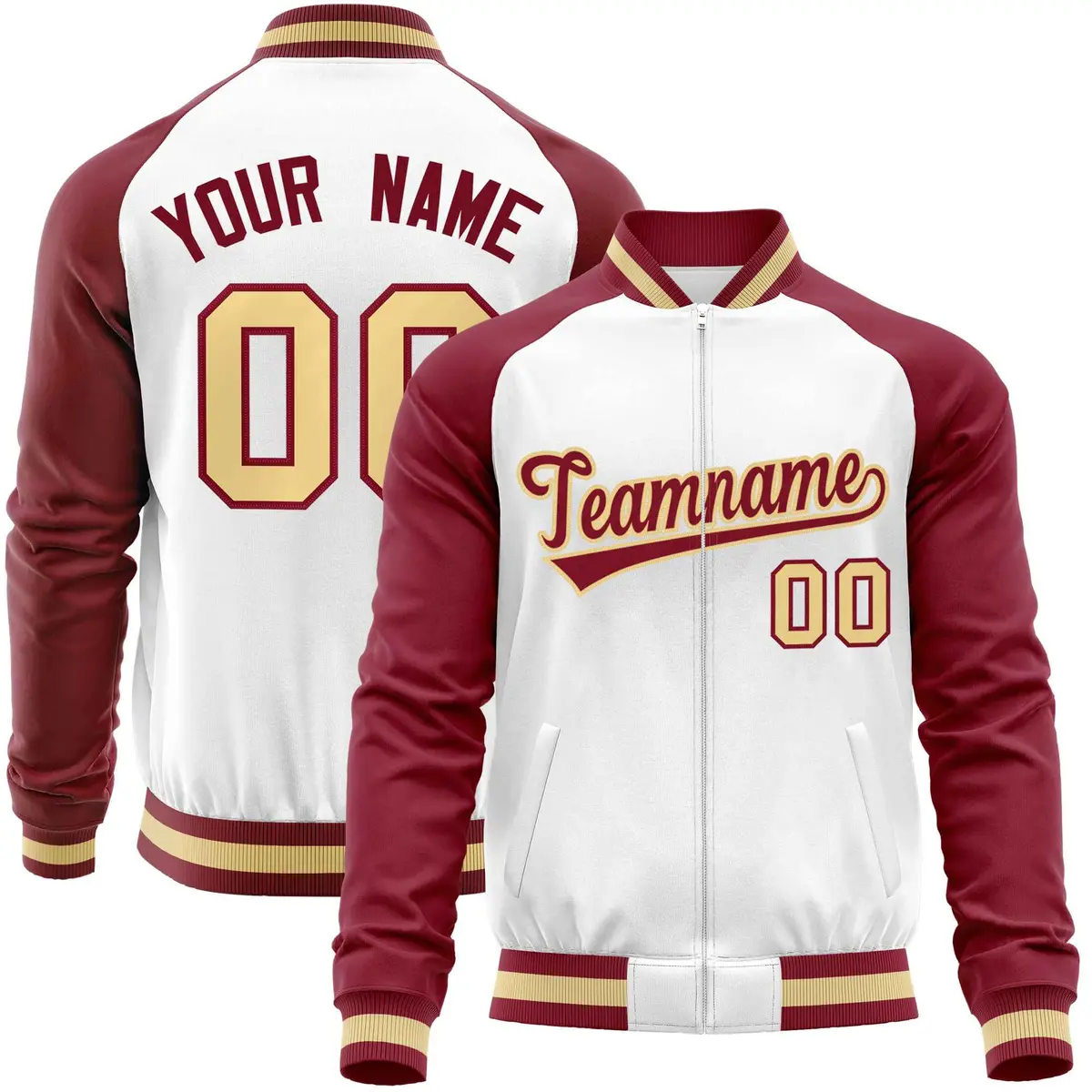 White Crimson Varsity Full-Zip Raglan Letterman Baseball Jacket