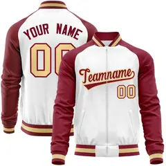 White Crimson Varsity Full-Zip Raglan Letterman Baseball Jacket 1