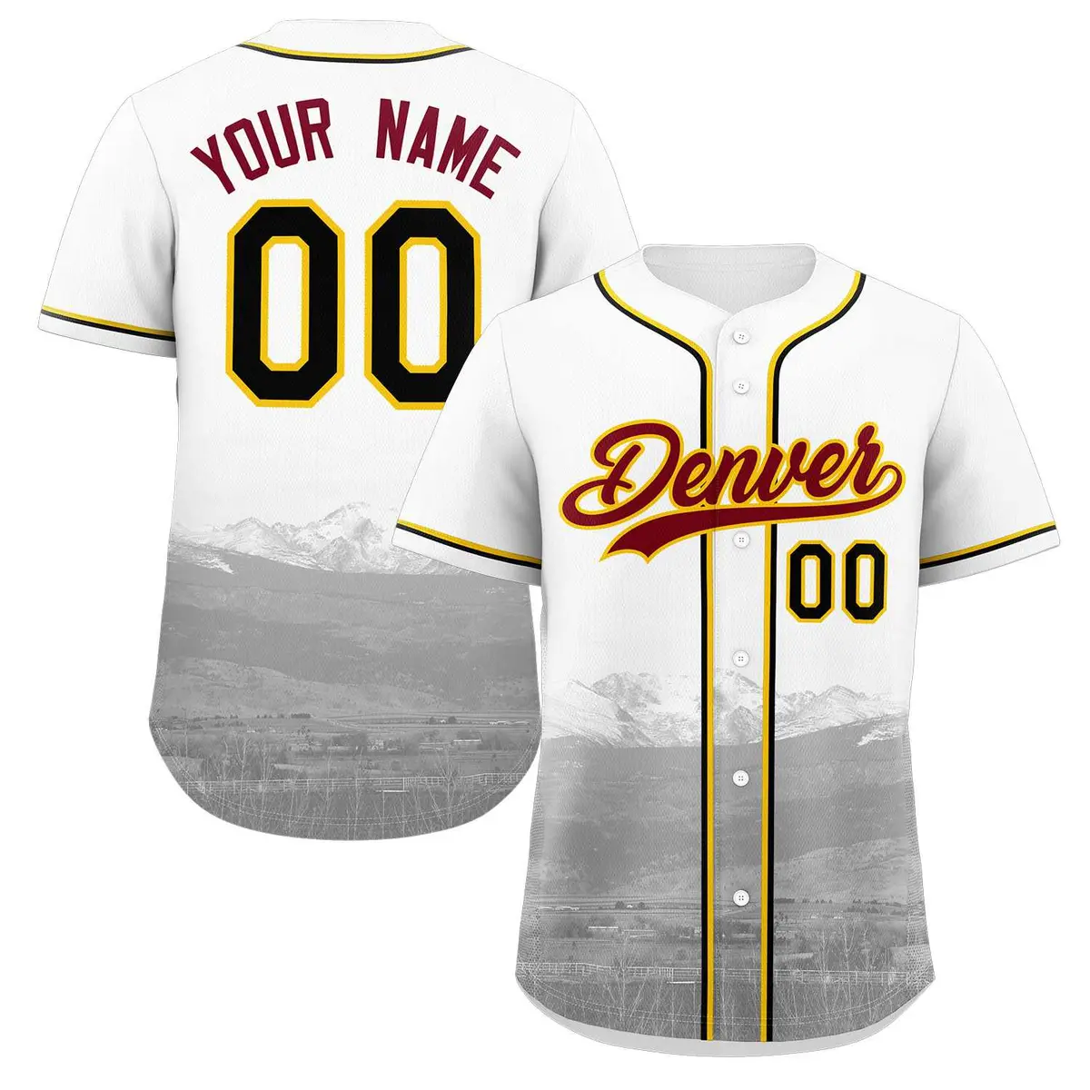 White Crimson-Yellow Denver City Skyline Baseball Jersey