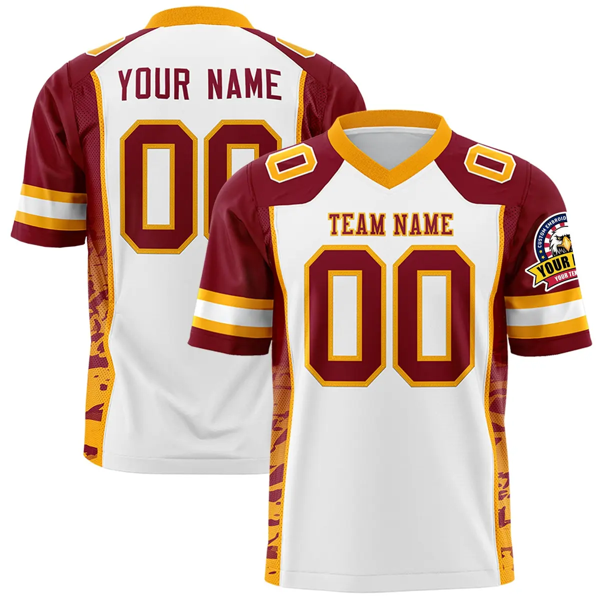 White Crimson-Yellow Raglan Sleeves Side Pattern Football Jersey