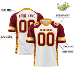 White Crimson-Yellow Raglan Sleeves Side Pattern Football Jersey 2